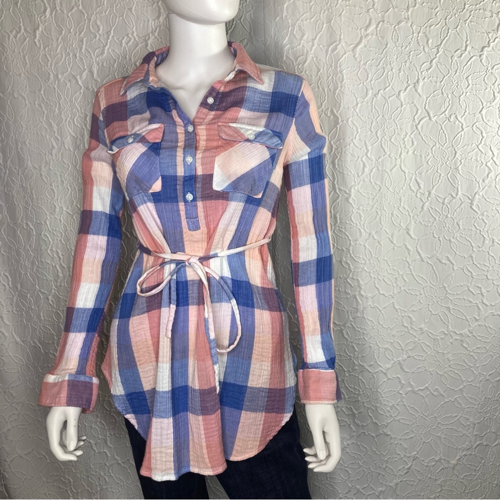 Isabel Maternity Plaid Tunic Top Pink Blue Tie Waist - Picture 7 of 14
